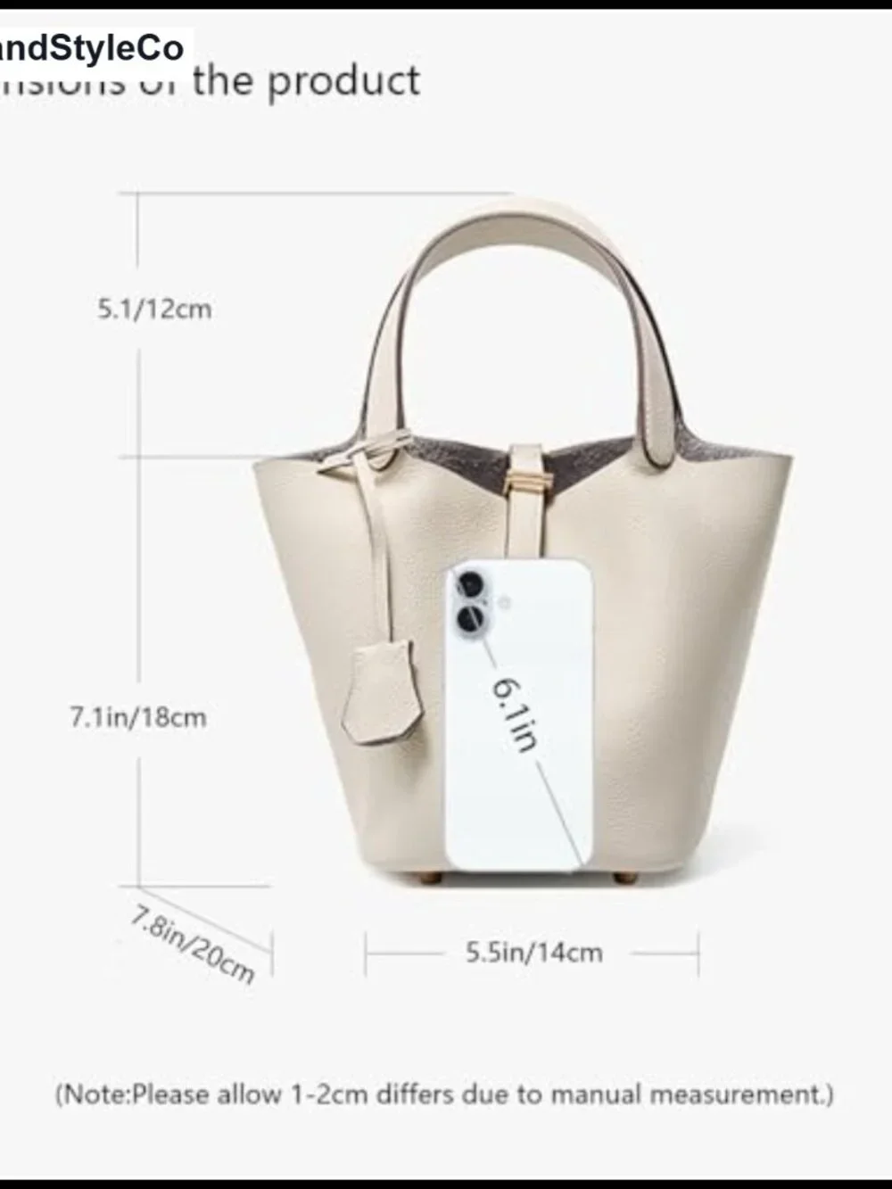 Genuine Leather Bucket Bag Satchel Handbag Detachable Pouch Gold-Tone Lock